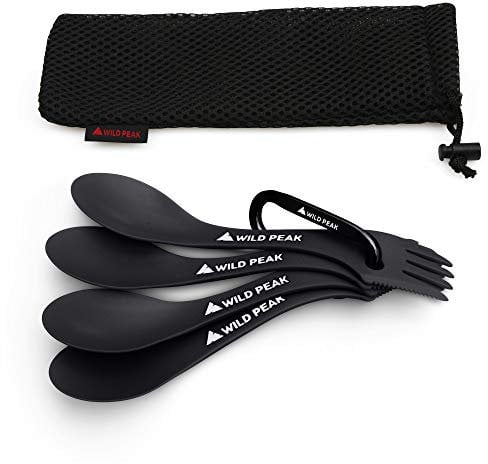Wild Peak Contour Clip Plastic Spork - Lightweight & Strong All in one Spoon, Fork, Knife Cutlery Includes Carabiner Clip & Storage Bag ▲ (Jet Black, 4 Pack)
