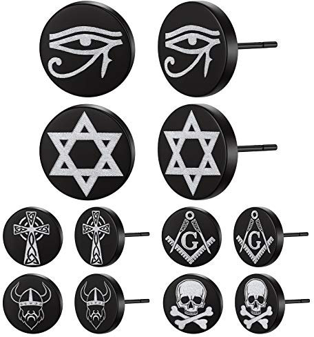FaithHeart Punk Ohrstecker Set 6 Paar: Schädel, Davidstern, Wikinger, Horusauge, Keltischer Knoten, Kreuz - Gothic Ohrschmuck für Herren Jungen