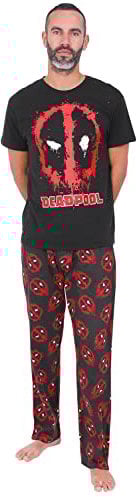 Mens Deadpool Long Pyjama Set Black Red (Large)