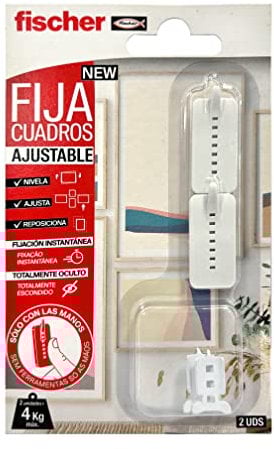 fischer - Fija Cuadros Ajustable | Cuelga Cuadros sin Clavos ni Agujeros | Ajustable hasta 1,5 cm | Hasta 4 Kg con 2 Ganchos | Ideal para Yeso, Pladur y Madera | 2 uds | Blanco