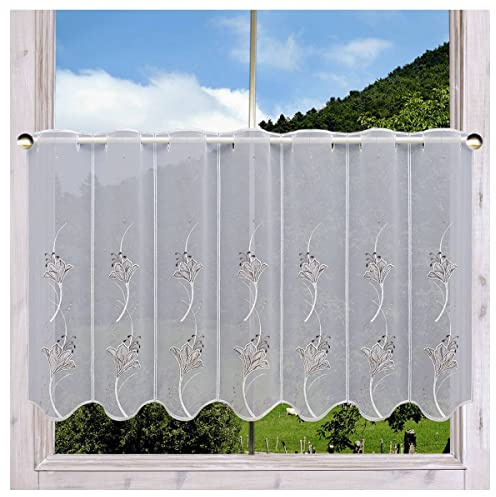 DSD Design-Studio Drechsler Bestickte Scheibengardine Lilie in braun-beige mit Plauener Spitze Blumen-Motiv 55 x 96 cm