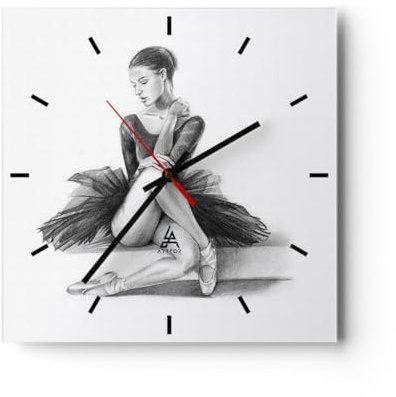 Modern Wanduhr Ballerina Zeichnung Bleistift 40x40cm Quadrat Groß Wand Uhr Glas Analog Zimmeruhren Küche Büro Wohnzimmer Glasuhr Wall Clock Dekoration Design Wanddekoration Küchenuhr C3AC40x40-4496