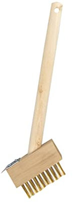 Weed Wire Brush With Scraper - Angled Wire Bristles and Metal Scrapper Remove Moss and Weed - Wooden Short Handle For Good Grip Patio Scrubber - Wire Broom Clean Block Paving and Drive Way