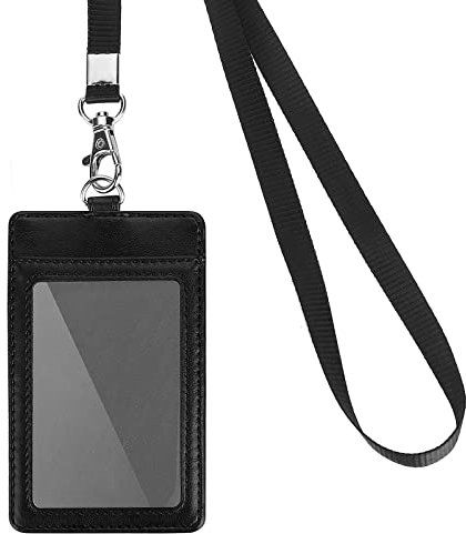 cobee Porte badge en cuir synthétique avec cordon, 2 emplacements pour cartes d'identité avec cordon tour de cou amovible fenêtre transparente pour enseignants infirmières employés scolaires(vertical)