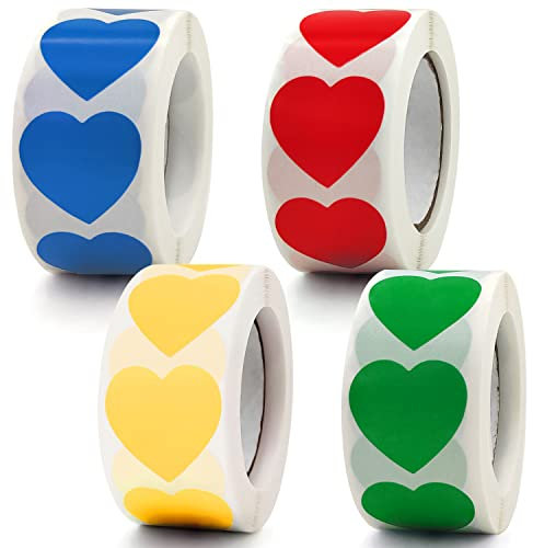 YXHZVON 2000 Stück Bunte Herz Aufkleber, Selbstklebende Herzform Etiketten Farbkodierung Geschenkaufkleber für Hochzeiten Valentinstag Party Briefumschlag(Rot, Gelb, Blau, Grün)