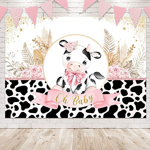 Ufeela Milch Heilige Kühe Babyparty Hintergrund Boho Oh Baby Schild Babyparty Party Dekorationen Rosa Kuh Druck Streifen Floral Kuchen Tisch Banner Mädchen Party Fotografie Hintergrund Fotoshooting
