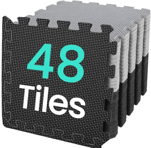 Bodenschutzmatte Fitness Set [31x31cm] - 48 Puzzlematte Sport, Sportmatte Fitnessmatte rutschfest, Bodenmatte für Fitnessraum&Fitnessgerät, Fallschutzmatten Outdoor&Pool Unterlegmatte, Schwarz&Grau