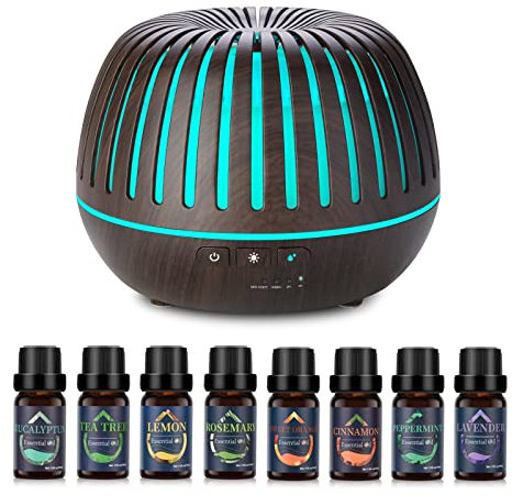 Diffusor für ätherische Öle 500ml, Aroma-Diffusor-Luftbefeuchter mit 8 reinen ätherischen Ölen, 7 LED-Farben und 4 Zeitschaltuhren, Aromatherapie-Diffusor für das Haus