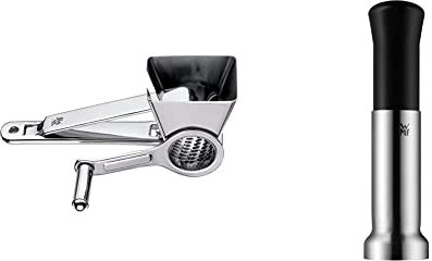 WMF Gourmet Parmesanreibe Kurbel 18 cm, Parmesanmühle & Top Tools Muskatmühle 16,5 cm, Muskatnuss Mühle mit Aufbewahrungsfach, Cromargan Edelstahl, Kunststoff