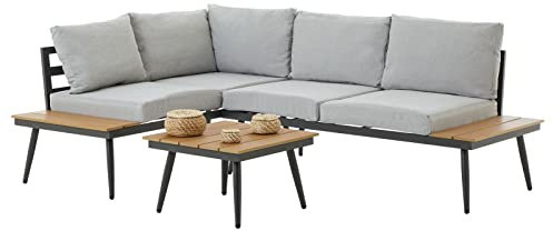 Gartenlounge Paros, grau - Outdoor Sofa mit Beistelltisch aus Alugestell und Holzoptik, Eckbak mit Sitzkissen und Rückenpolster für Terrasse & Garten