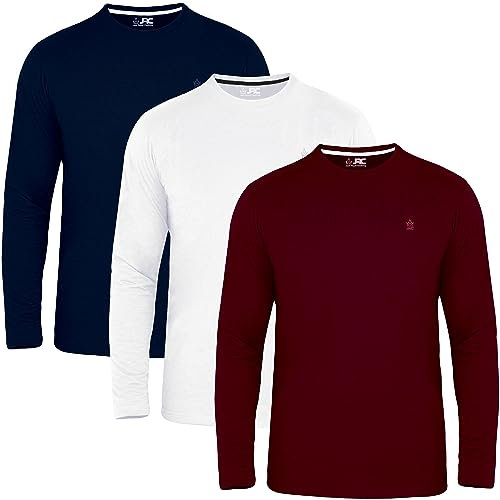 JRC Just Royal Clothing Pack of 3 Mens Long Sleeve Crewneck T-Shirts, Casual Round Neck Tops (Maroon, White, Navy, L)
