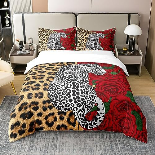 Rote Rose 100% Natürliche Baumwolle Bettbezug 200x200,Leopard Print Bettwäsche Set,Afrika Safari Geparden Tröster Abdeckung,Valentinstag Romantische Blüten Bett Sets mit 2 Kissenbezüge Zimmer Dekor