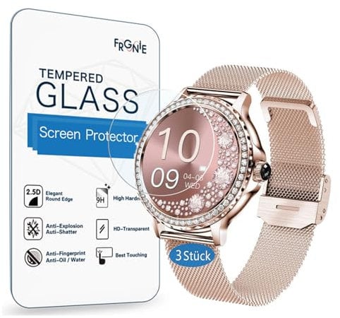 Frgnie Screen Protector Compatible with BOCLOUD NX19 Smartwatch Women's 1.3 Inch (Pack of 3) 9H Hardness Tempered Glass Screen Protector Compatible with SoPrii Smartwatch