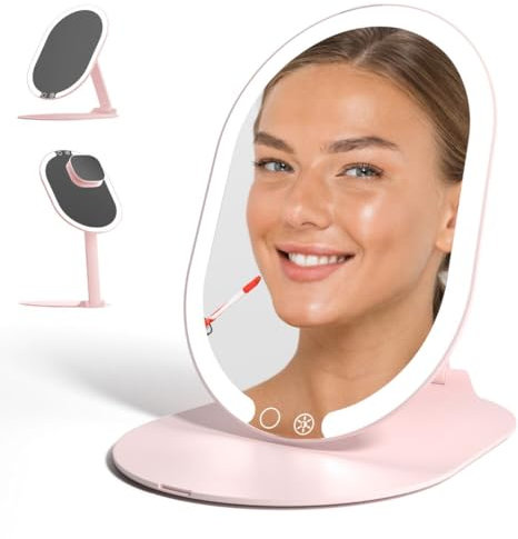 Fancii LED Rechargeable Portable Makeup Mirror With 3 Color Light Settings & 10x Magnetic Magnifying - Slim, Foldable Travel Vanity, 1500 mAh Battery, Height Adjustable (Pink)