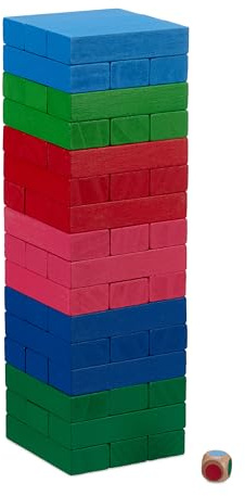 Relaxdays Wackelturm, 48 Holzklötze mit Würfel, HBT 24,5x7,5x7,5 cm, Holzturm Spiel Kinder, Geschicklichkeitsspiel, bunt