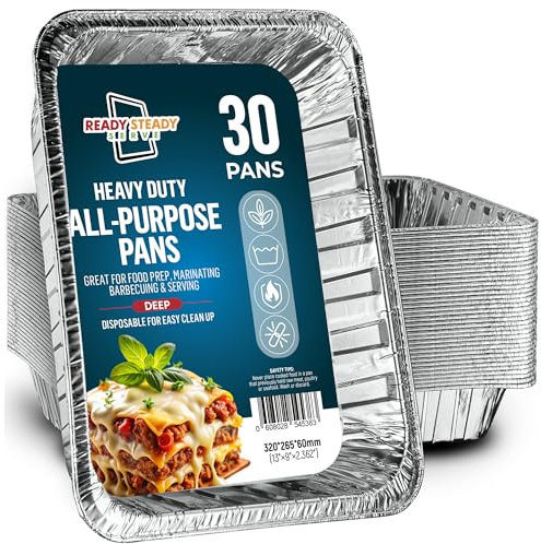 30 Pack Aluminium Trays Large, 32x26x7cm, Extra Heavy Duty Disposable Foil Pans For Baking, Roasting & Chafing, Deep Tin Foil Bakeware, Steam Table Tray, Cookware, Food Prepping, Cake & Oven Pan
