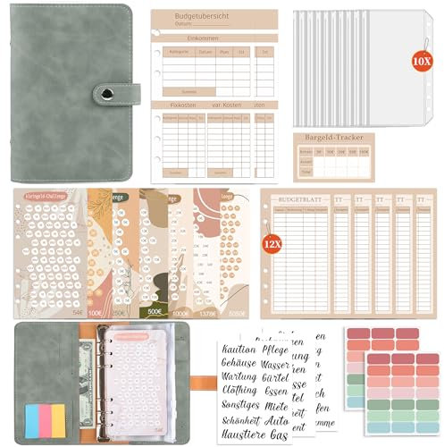 FUHOMI Budget Planner Deutsch A6 Binder - Bugetplaner Deutsch Startset mit 8 Sparchallenges, Finanzplaner Haushaltsbuch, Geld Organizer Sparbuch, Sparen mit Umschlagmethode