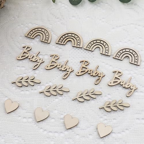 WANYIG 100 Stück Babyparty Deko Holz Baby Shower Tischdeko Taufe Deko Streudeko Gender Reveal Party Deko Oh Baby Geburt Schwangerschaft verkünden Deko Regenbogen