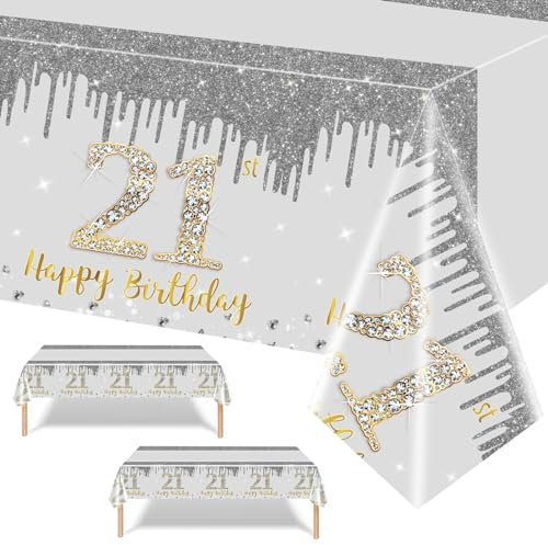 137 * 274cm Large 21st Silver Gold Table Cloth,21st Birthday Decorations for Her,Silver Gold 21stBirthday Party Plastic Table Cloth Tablecover for Her Birthday Gifts,21st.Birthday Party Supplies