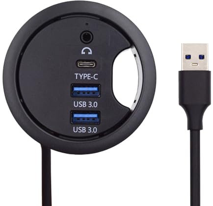 Xiwai USB 3.0 Hub Splitter, Sound Card USB-C 2 Port USB Multiport Expander High Speed Type C Data Port 60mm Desk Grommet Dock Station Headphone Mic Audio Interface for PC Desk Desktop
