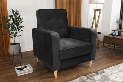 BEAUTY SOFA Bamako Sessel - Relaxsessel mit Armlehnen und Holzbeinen - Fernsehsessel - Polstersessel - für Wohnzimmer, Schlafzimmer - Sessel Wohnzimmer - Samt Schwarz (Kronos 07)