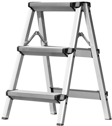 Miscoos Escalera de Aluminio de 3 Peldaños - Pequeña, Doméstica para Cocina, Antideslizante y Estable, Capacidad de Carga hasta 150 kg