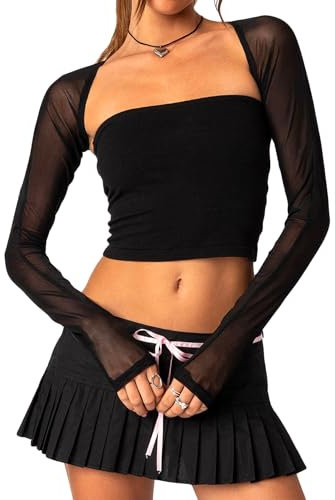 Coloquin Women Mesh Bolero Cardigan Long Sleeve Chiffon Bolero Shrug Sheer Cropped Cardigan for Dress Black L