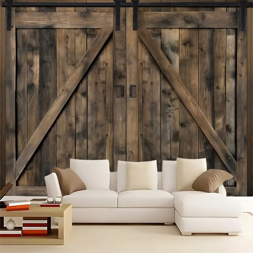 Fototapete 3D Vliestapete mit Vintage Scheunentor Braun 350x256cm XXL Panorama Wandbild für Mädchen & Jungs Schlafzimmer | Wanddekoration mit 3D Effekt