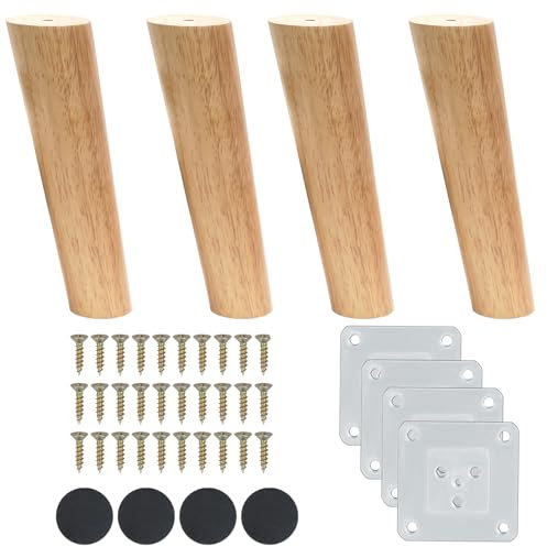 Luabue Lot de 4 Pieds de Meuble en Bois 18 cm avec Plaque de Montage, Vis et Tapis Antidérapant - Pieds Inclinés pour Canapé, Lit, Armoire, Tables et Chaises