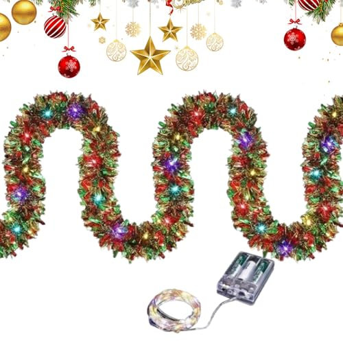 Wpsagek Weihnachtsbaumgirlande, LED-Licht, Lametta-Girlande mit LED-Lichtern, 4,6 m, Luftschlangen, Ornamente, glänzende Twist-Lichtstreifen, vorbeleuchtete Weihnachtsdekoration für den Weihnachtsbaum