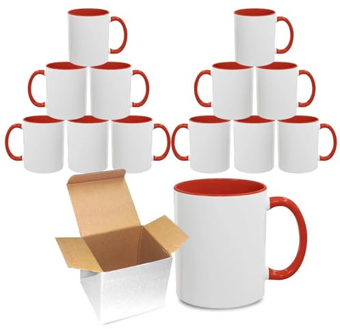 Sublimation Mugs 11oz Blank with Coloured Large Handle & Inner with Box | Durable, Ceramic Orca Finished Mugs Perfect for Custom & DIY Printing, for Loved Ones | Red Bulk Pack of 12