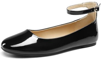 DREAM PAIRS Damen Ballerinas aus Veganem Leder mit Rundspitz & Retro-Design, Bequeme Flache Schuhe mit atmungsaktivem Material,Size 38,Schwarz-Pat,DWUMFA2510