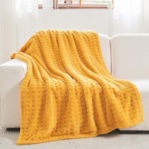 Wajade Kuscheldecke Flauschig Kunstfelldecke Decke Sofa Waffel Sofaüberwurf warm Sofadecke Comfort Couchdecke weiche Wohndecke für Couch und Bett 178 x 203 cm Yellow