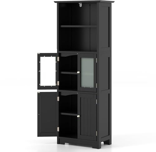 Multigot Bathroom Tall Cabinet, Freestanding Storage Floor Cupboard with Tempered Glass Door & Adjustable Shelves, Wooden Slim Organizer Shelf for Bedroom Living Room Kitchen (Black)