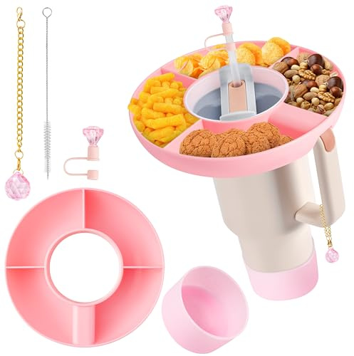 GoaePode Silicone Snack Tray for Stanley Cup 40 oz, Reusable Snack Bowl Accessory Kit with Straw Topper Cover Straw Brush, 4 Compartment Food Holder Accessories for Popcorn Car Movie (Pink)