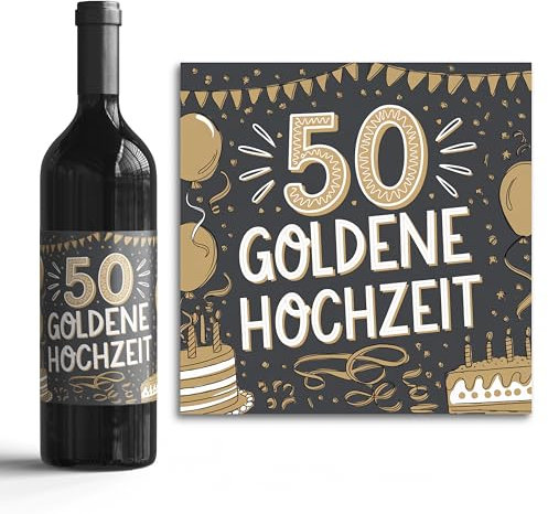 Flaschenetiketten-Set - 50 Jahre verheiratet - 6 Aufkleber selbstklebend - Hochzeits-Deko für Wein & Sekt (50 Goldene Hochzeit / 001, 10x10cm)