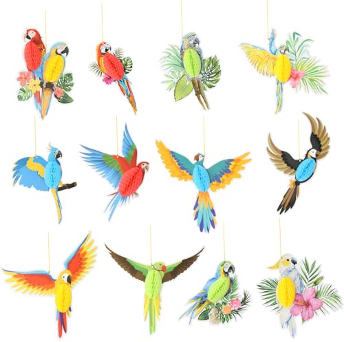 Dewocke 12 Stück Tropische Vögel Dekorationen, Seidenpapier Papageien Deko, Papagei Dschungel Deko, Hawaii Sommer Tropical Party Dekorationen Zubehör Party Seidenpapier Hängende Dekorationen