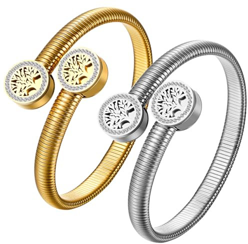 JewelryWe Lebensbaum Armreif Armband Damen: 2er Set Edelstahl Baum des Lebens Elastisch Offen Maschette Armreif Armspange verstellbares Stretch-Armband für Frauen Mädchen