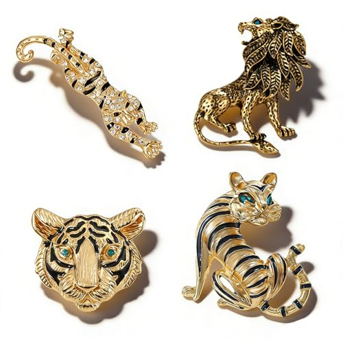 Floatdream 4 Stück Tigerkopf Brosche, Tiger Brosche, Pins Tiger, für Damen Kleidungszubehör,Männer Kostüm （Gold）