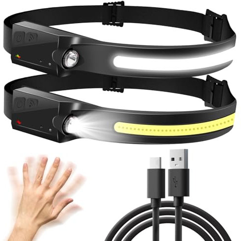 Aigostar Linterna Frontal LED Recargable,Linterna de Cabeza LED con Sensor de Movimiento,230 ° Ángulo Ancho,6 Modos de Luz,0.14lb Ligera para Correr,Camping,Ciclismo,2 Piezas,USB C