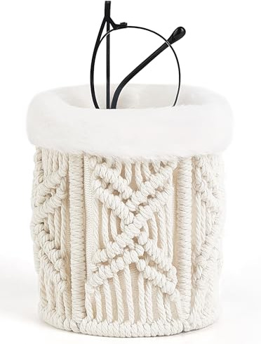 Mkono Plüsch gefütterte Brillenhalter Macrame Gewebte Schutzbrille Halter Stand Fall Anti-Kratzer Gläser Speicher Organizer für Tisch, Schreibtisch, Nachttisch, Büro, Elfenbein