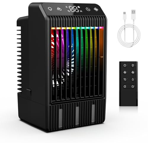 Klimaanlage Mobil, 5-in-1 Mobiles Klimagerät Mini Luftkühler mit Wasserkühlung & Fernbedienung, 4 Geschwindigkeiten & 2 Kühlnebel, 2-12H Timer & 3 LED Air Conditioner Portable für Zimmer,Büro,1000ML