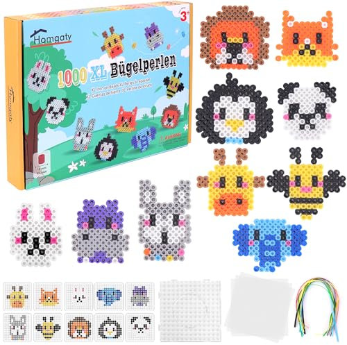 Homgaty Große 10mm Bügelperlen Tiere Set – 1000 Stück XL Steckperlen mit 10 Tier-Motiven Vorlagen, Platten & Bügelpapier – Kreatives Bastelspielzeug für Kinder ab 3 Jahren