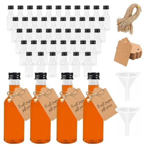 Spetsbst 48 mini biberones para licor, 25 ml, pequeñas botellas para rellenar, de plástico, vacías, reutilizables, botellas para rellenar con tapa y embudo