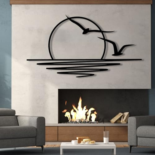 Sonnenaufgang Wandkunst,Meer Sonne und Möwe Metall Wanddekoration,Schwarze minimalistische Linienkunst, Heimdekoration, Vogelkunst, Bettdekoration, Sonnenuntergang Dekoration (105x60 cm,schwarz)