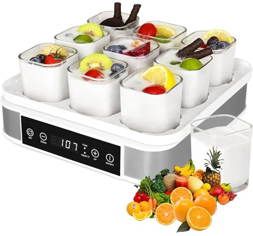 Yaourtière, yaourtière grecque avec température et minuterie, 9 pots en verre, yaourtière automatique avec 9 pots, parfaite for le yaourt bio maison