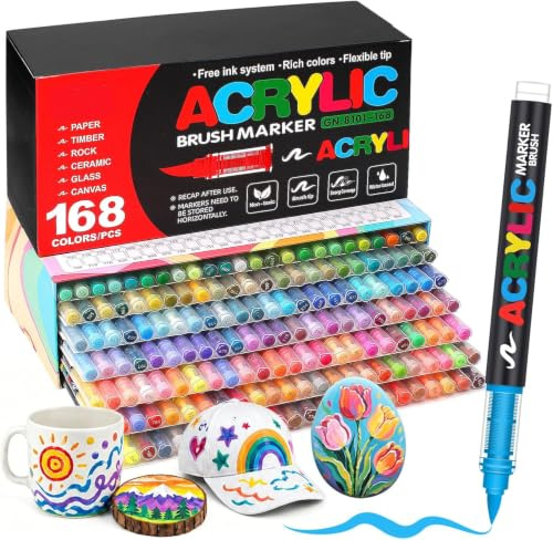 Melifluo 168 Acrylstifte Wasserfest – Acrylmarker mit Pinselspitze 1–6 mm | Direktfluss, Wischfest & Wetterfest – Acrylic Marker für Steine, Glas, Holz, Keramik, Stoff & Leinwand – Künstlerset