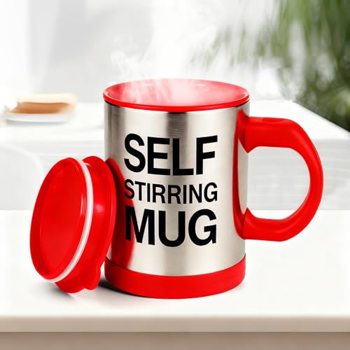 JTOOYS Self Stirring Coffee Mug, Stainless Steel Electric Coffee Mug with Lid 450ml for Coffee Tea Hot Chocolate Milk and Cocoa (Red, Batteries Not Included)