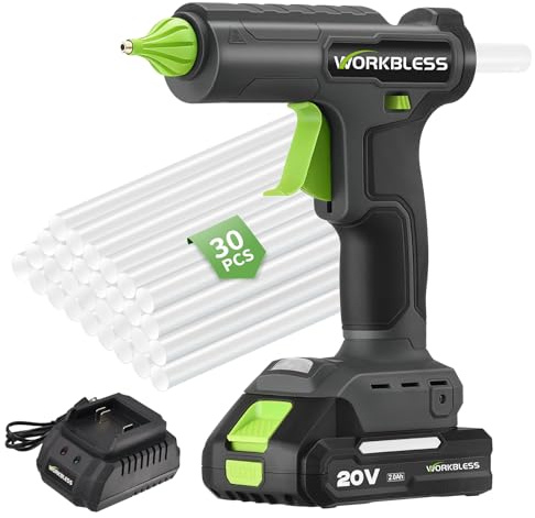 WorkBless Cordless Hot Glue Gun Full Size with 20V 2Ah Battery & Sticks Set | Battery Power Heavy and Duty Glue Gun W/ 30pcs 11mm Glue Sticks,2-3 Min Warm-Up,Leak-Proof Nozzle for Arts,Repair,Wood Work