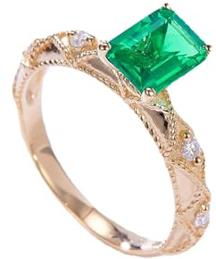 Anello di fidanzamento in oro rosa, anelli sottili da laboratorio rettangolari con smeraldo vintage a 4 denti, 1,2 ct, con moissanite rotonda, 21 (19,4), oro rosa 9 K, Laboratorio smeraldo